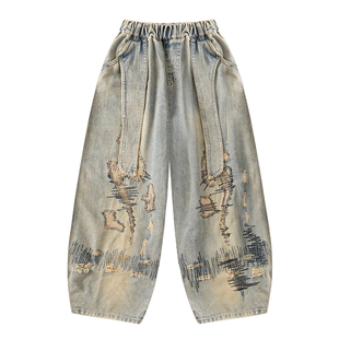 涂鸦印花牛仔裤男宽松直筒长裤潮牌街头风破洞裤子2026新款休闲裤