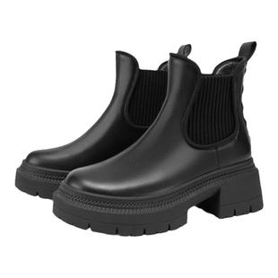 MIO米奥冬季圆头高跟短筒靴牛皮短靴革加绒潮流简洁切尔西靴女