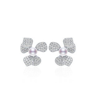 京润珍珠 鸢尾花耳钉 银S925淡水珍珠耳钉5-6mm圆形白色D