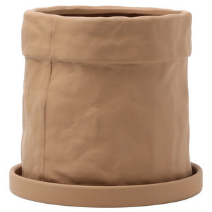 北欧牛皮纸布袋造型加厚陶瓷花盆带托盘笔筒盆栽多肉鲜花陶土透气