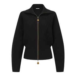 【deepmoss】女士复古潮流曜石黑翻领拉链上衣针织羊毛混纺短外套