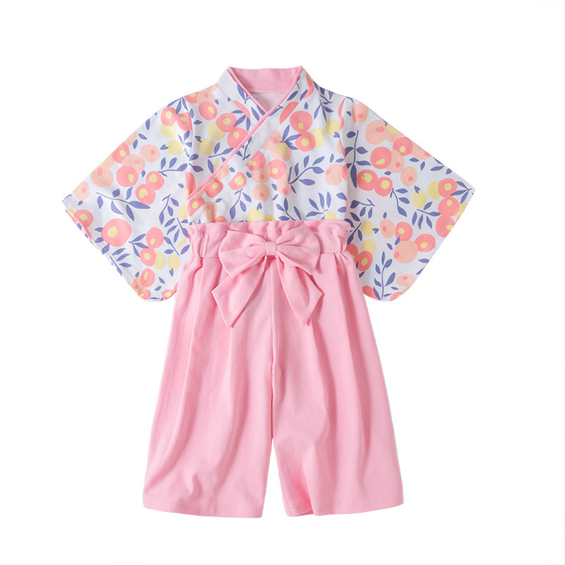 春秋女童长袖花朵印花蝴蝶结和服套装