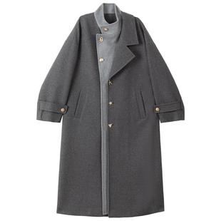 KEIKO 高级感拼接灰色毛呢大衣冬季时髦知识分子气质廓形长款外套