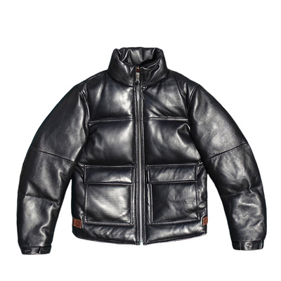 加厚冬季款复古男士黑色绵羊皮真皮皮衣羽绒服鸭绒短款立领保暖