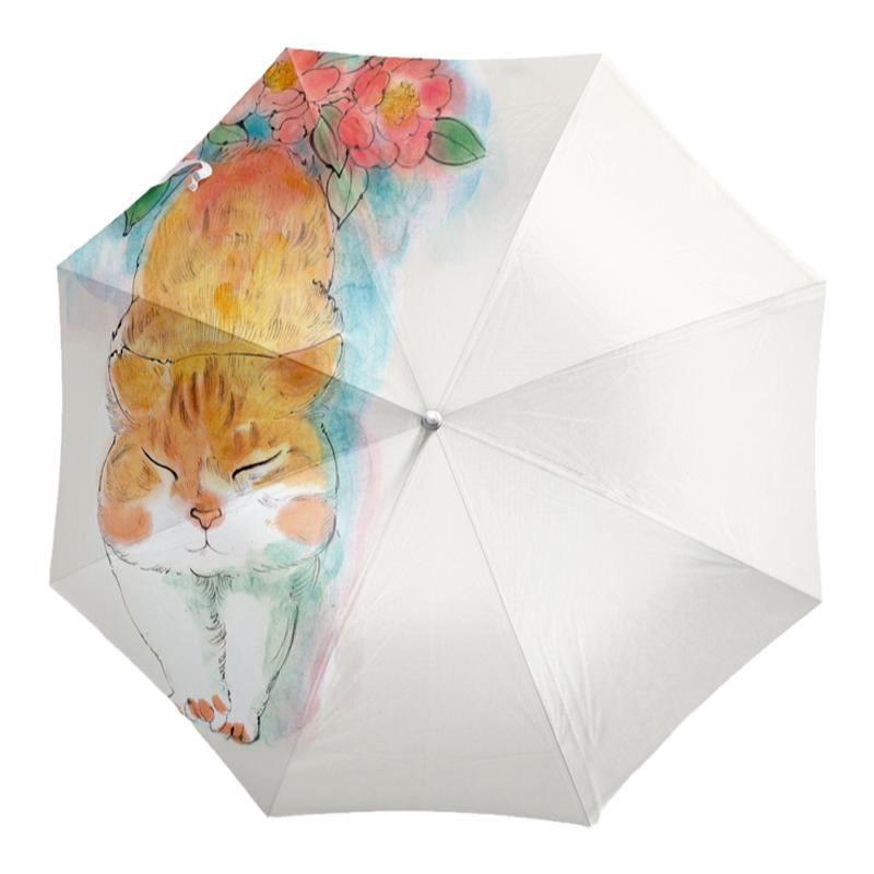三包面小卖部新款原创插画猫咪晴雨两用黑胶三折折叠手动伞