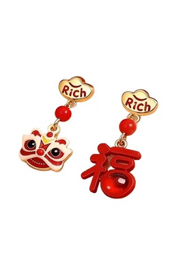 儿童耳夹无耳洞醒狮新年过年耳环钉坠红色秋冬小众免打孔气质耳饰