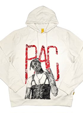 瑕疵不退大胸围124CM老美街头嘻哈2Pac人物印花连帽套头薄款卫衣