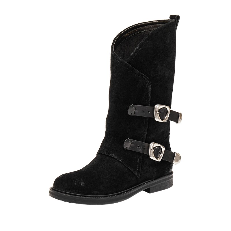 真美诗牛皮双皮带美拉德西部靴