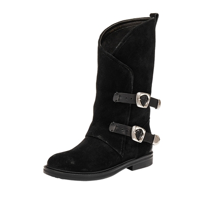 真美诗牛皮双皮带美拉德西部靴