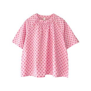 蔡爸爸童装新款中式夏装女大童粉色圆点上衣服小个子女装135+613