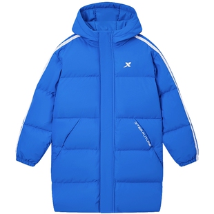 特步童装男童三防外套2026秋冬新款中长款羽绒服保暖连帽冬装衣服