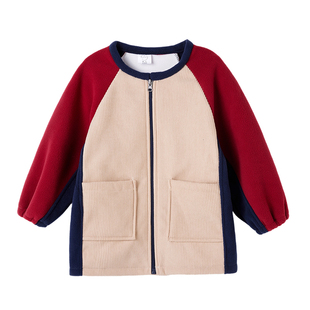 儿童罩衣灯芯绒拼接摇粒绒长袖防脏羽绒服外穿拉链中大童吃饭罩衫