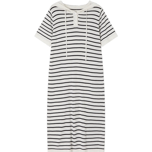 德玛纳慵懒风条纹针织连衣裙女26春季新款连帽休闲直筒显瘦中长裙