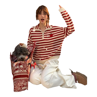 CLOUDSEASON红色条纹翻领羊毛毛衣春秋新款甜美小个子百搭上衣