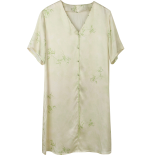 朵朵可可睡衣女士春夏新款V领中袖竹叶印花真丝桑蚕丝奢华短睡裙