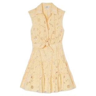 SANDRO春夏女装法式优雅浅黄色雏菊镂空刺绣衬衫领无袖短款连衣裙