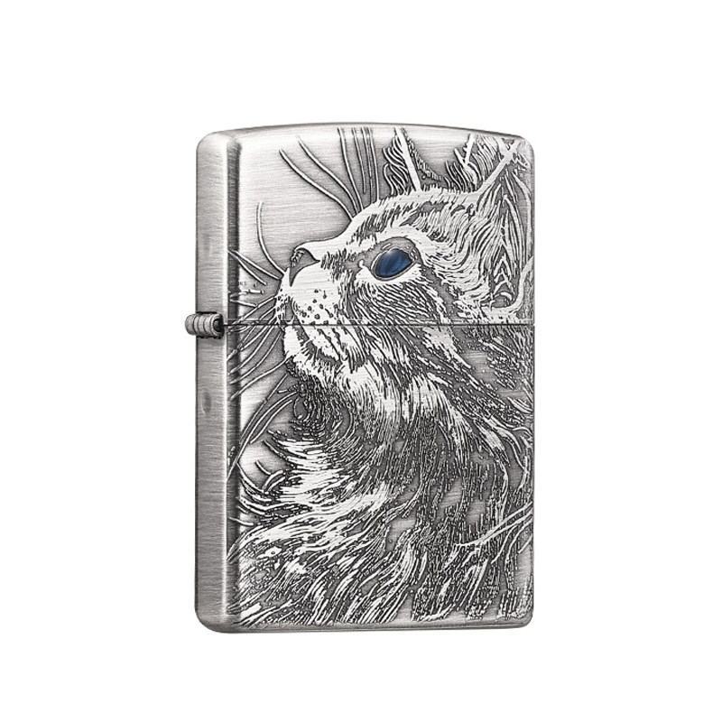 ZIPPO月下睡猫语熏银深雕