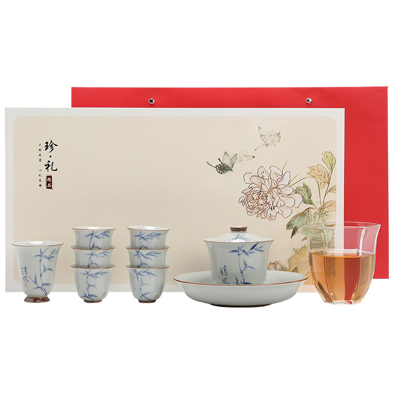 青花手绘功夫茶具套装高档礼盒
