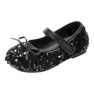 安奈儿女童水晶鞋2026新款春秋女孩软底闪亮公主单鞋儿童黑色皮鞋