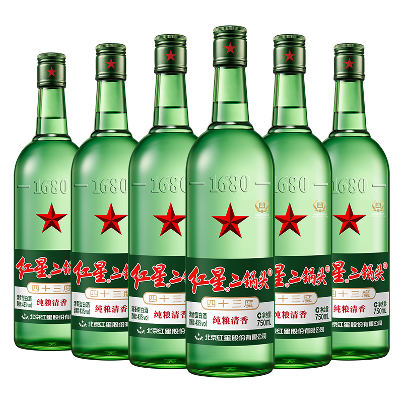 红星大二43度750ml*6瓶二锅头清香型白酒纯粮高度口粮酒