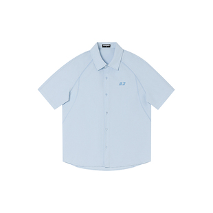 FORNINES刺绣logo纯棉蓝色短袖衬衫男女情侣上衣潮牌夏季美式半袖