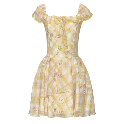 易碎商店黄玫瑰碎花格纹连衣裙