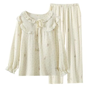 纯棉睡衣女款泡泡棉纱甜美春秋季长袖套装碎花小兔双层纱布家居服