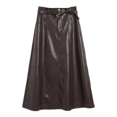 西町村屋质感长款皮半身裙女秋冬新款气质高腰大摆裙子XH9D10208