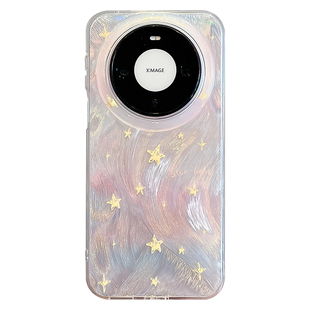 适用华为mate80promax手机壳粉色渐变羽纱纹星星Mate70pro链条挂绳mate60pro+双层新款pura90pro全包防摔女款