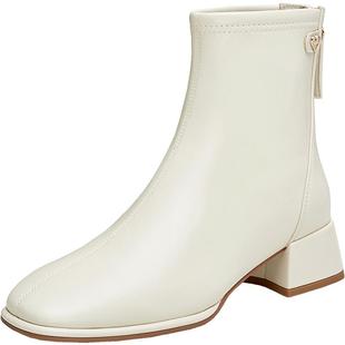 Tata他她靴子奶皮靴显瘦时装靴英伦短靴瘦瘦靴粗跟弹力靴WYX02DD4