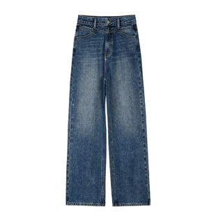 辰米范 蓝色高腰阔腿牛仔裤女秋季新款宽松休闲直筒裤显高长裤子