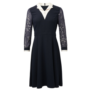 海兰丝2024秋冬新款熟女风V领蕾丝A字裙气质长袖收腰显瘦连衣裙女