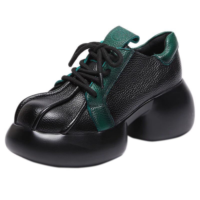 真皮厚底松糕鞋女春秋新款复古高跟牛皮单鞋圆头休闲百搭低帮皮鞋