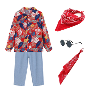 小学生运动会方阵服拉拉操潮酷花衬衫演出服长袖舞蹈服复古牛仔裤