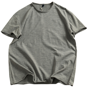 硬汉风自然卷边复古水洗做旧竹节棉短袖T恤衫男2026新款纯色简约T