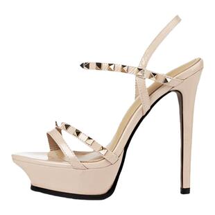 欧美明星款13CM恨天高铆钉露趾一字带细跟高跟鞋防水台凉鞋走秀鞋