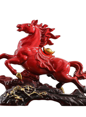 红色陶瓷马上有钱招财摆件
