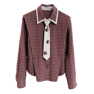 Q货！氛围感气质单品！复古格子领带棉衬衫短上衣女    C5056~JS