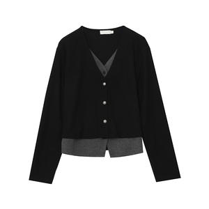 2024秋胖莹莹大码女装假两件撞色设计感百搭通勤显瘦针织衫上衣