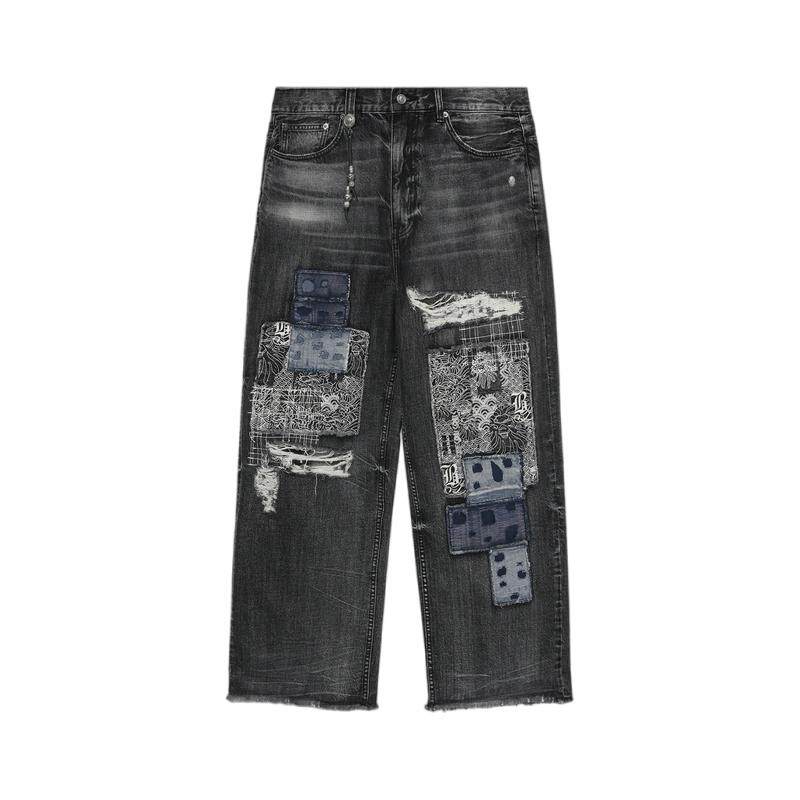 BAPE BLACK男装24年秋冬日式刺子绣拼接布牛仔破洞牛仔裤150302N