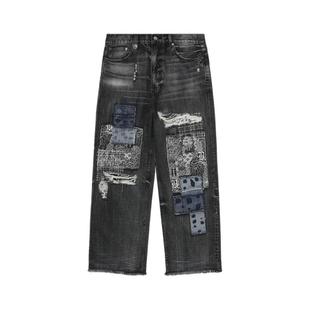 BAPE BLACK男装24年秋冬日式刺子绣拼接布牛仔破洞牛仔裤150302N