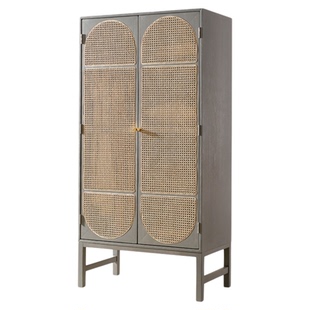 北欧实木藤编衣柜收纳储物柜简约现代复古橱柜民宿卧室双门衣帽柜