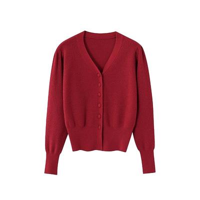 百家好新年红V领针织开衫女士冬