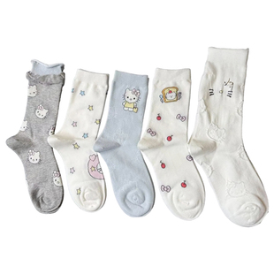 白色袜子女款中筒袜春夏款日系可爱小猫卡通ins棉袜学生长筒袜