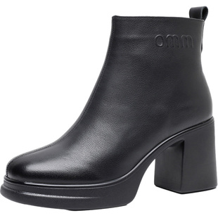 粗跟厚底真皮短靴女冬季高跟鞋2026新款通勤皮鞋加绒女靴子马丁靴