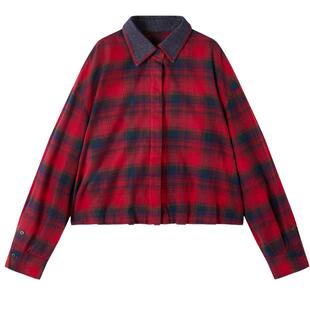 谜底格纹衬衣长袖2025冬季新品复古红格磨毛撞色衬衫女254MC1661