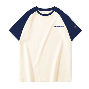 冠军刺绣夏季美式半袖女短袖T恤情侣拼接插肩宽松纯棉打底上衣男