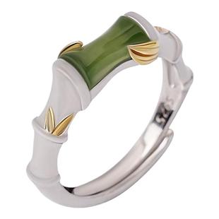 宫里上新和田玉戒指女纯银竹节指环宝石开口戒圈生日礼物送妈妈