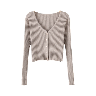 黑色超短款v领针织外套女新款坑条高腰修身开衫毛衣外搭长袖披肩