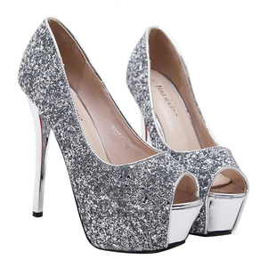 黑色超高跟鞋15CM细跟单鞋防水台宴会恨天高浅口性感婚鞋夜店女鞋